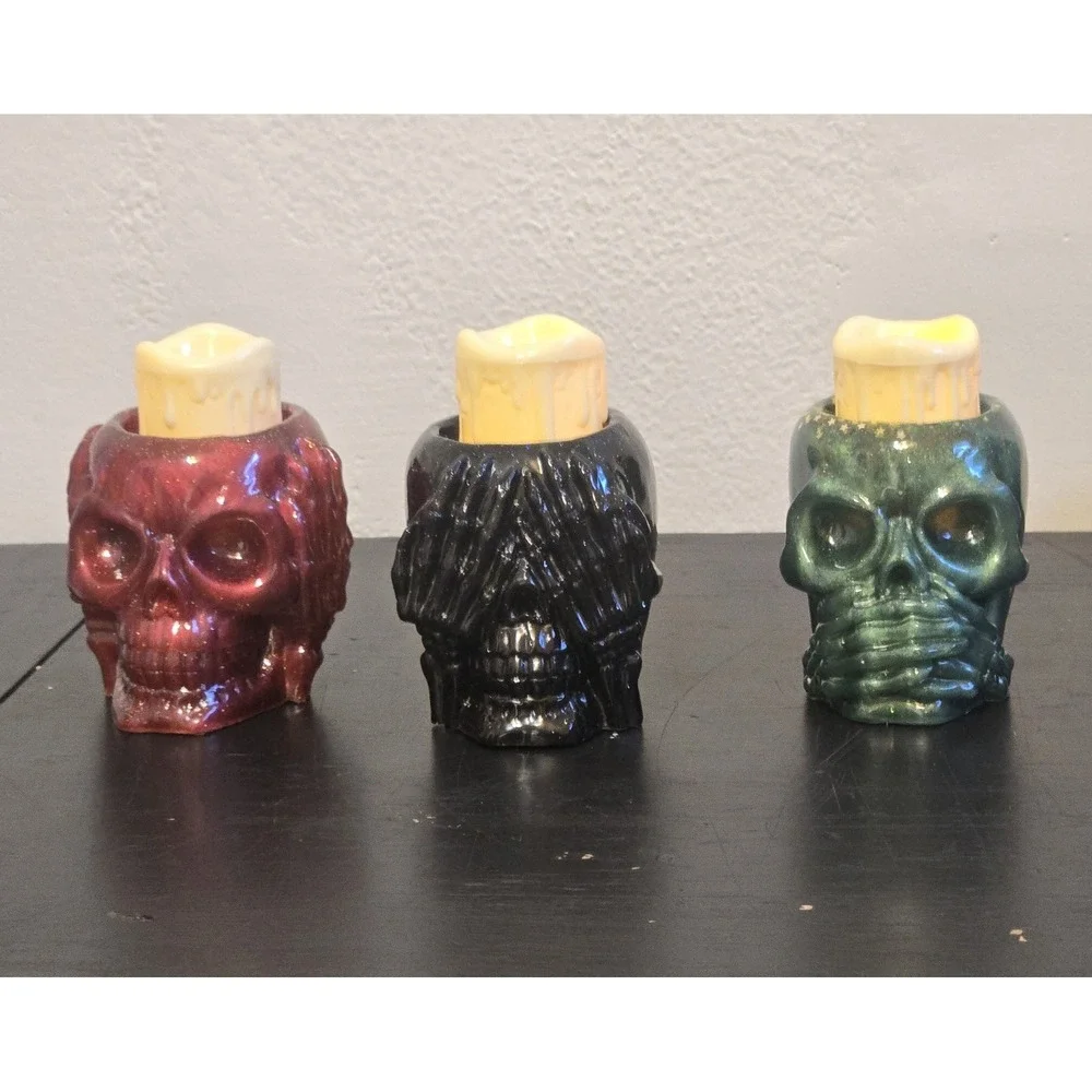 Handmade Resin Skull Candle Holder Vase‎ Set Of 3 Black Green Red Goth Garden